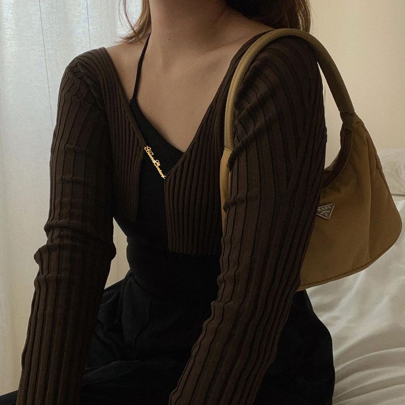 

Kkx Fashion Сексуальный трикотаж с металлической пряжкой, длинными рукавами, уличный, сексуальный короткий топ-кардиган с открытым животом, приталенный, стройнящий Coffee L