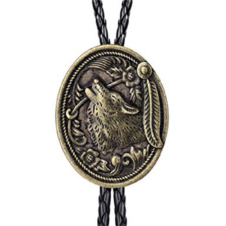 Herren Amerikanische Bolo Krawatte Vintage Cowboy Western Metall Wolfskopf Anhänger Halskette