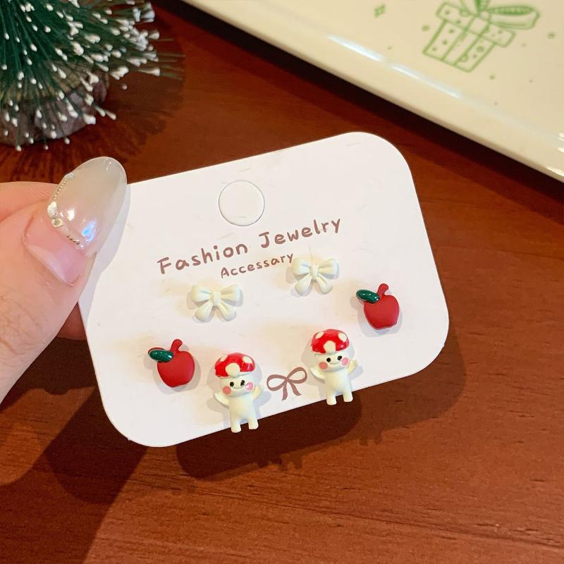3 Pairs Cute Cartoon Christmas Earring Set Kawaii Santa Claus Bell Elk Festival Red Earring Fashion Jewelry Accessories Gifts