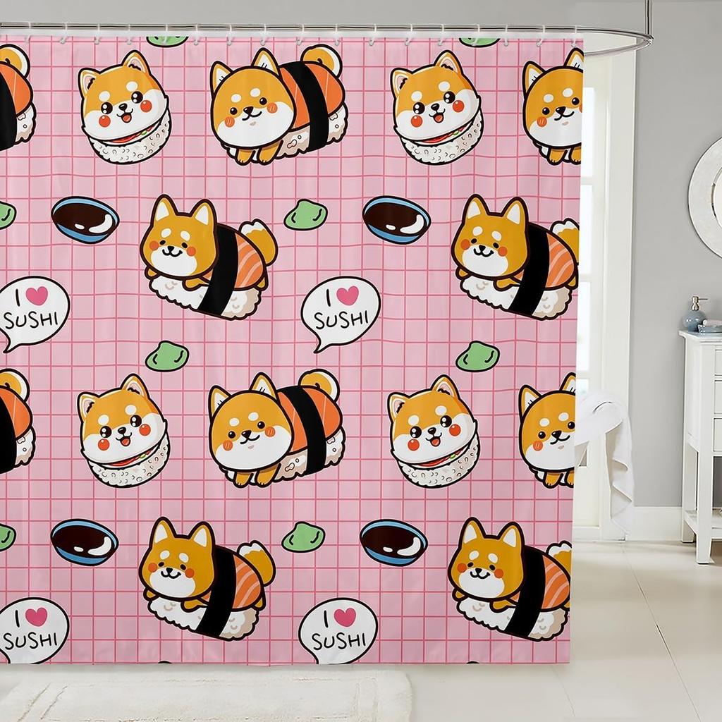 Kids Cute Cartoon Sushi Shower Curtain Japanese Sushi Bathroom Shower Curtain Set For Boys Girls Kawaii Style Sushi Bath Curtain