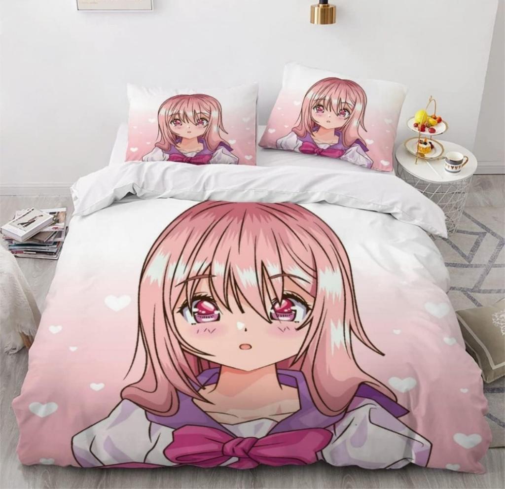 Anime Girl Cartoon Bed Linen Set 3-Piece 3D Print Anime Duvet Cover with Zip Microfibre Teenager Duvet Covers with 2 Pillowcases