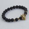 8mm Beaded Bracelet with Lion and Leopard Heads, Natural Volcanic Stone & Malachite on Elastic Cord