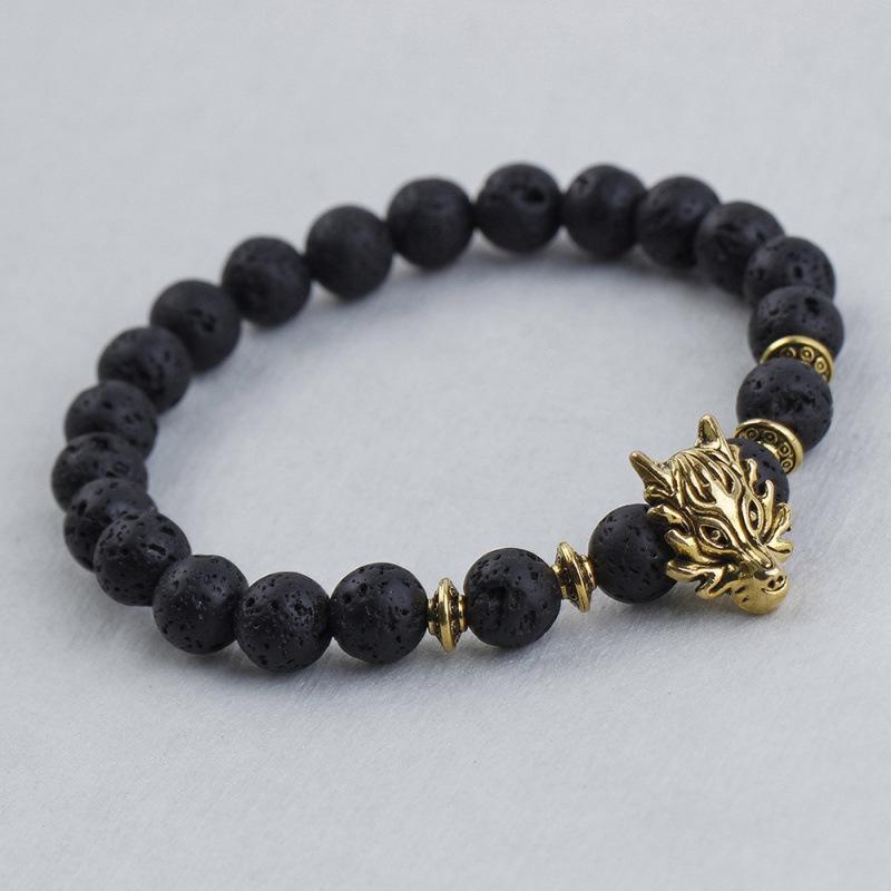 8mm Beaded Bracelet with Lion and Leopard Heads, Natural Volcanic Stone & Malachite on Elastic Cord