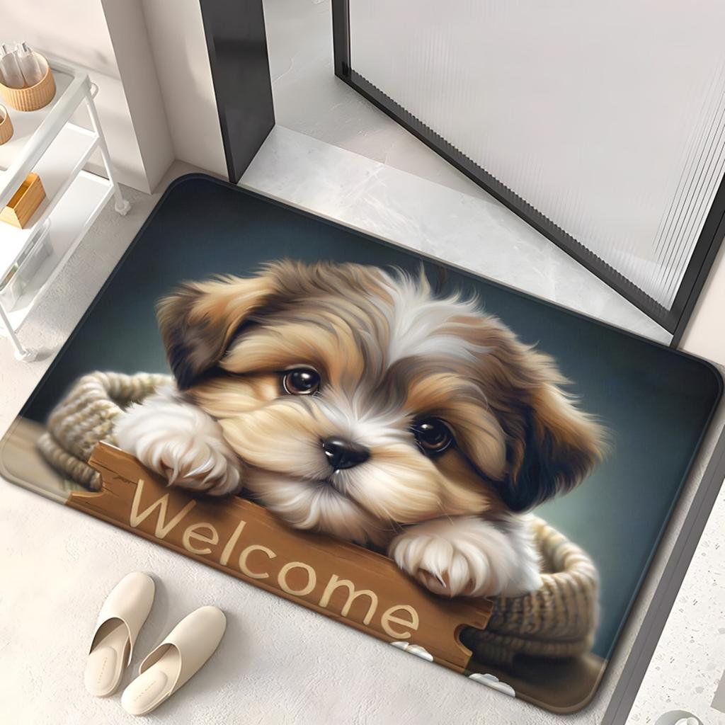 Cute Shih Tzu Dog Welcome Rug - Brown Pet Pattern Floor Mat - Indoor Outdoor Entryway Bathroom Living Room Home Decor Carpet