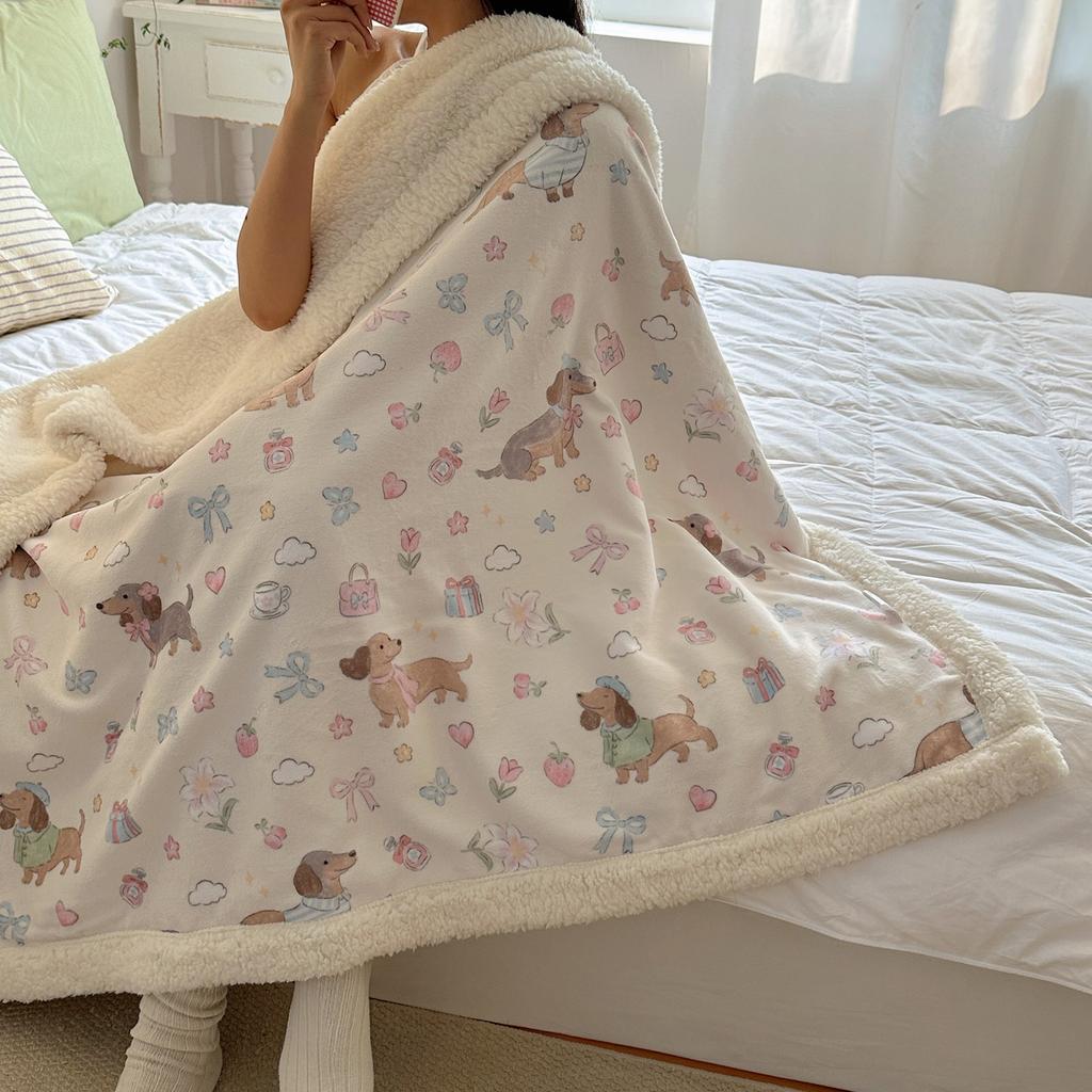 Cartoon Puppy Faux Lambs Wool Blanket Double Layer Thick Warm Fleece Throw Blanket for Sofa Bed Spring Autumn Soft Plush Blanket