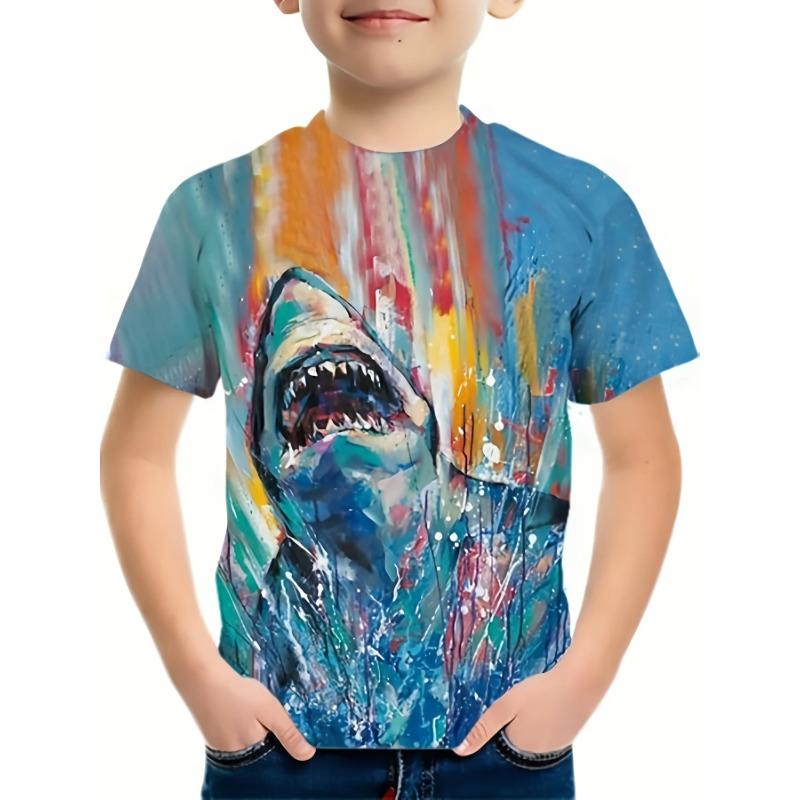 Sommar Rundhals 3D Dinosaurie Tryckt Topp Trendig Casual Kortärmad Barn Pojk T-shirts