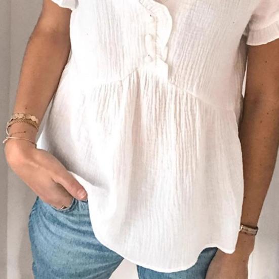 Damenhemd V-Ausschnitt Rüschen Kurze Ärmel Hohe Taille A-Linien-Silhouette Lässige Bluse Einfarbige Lockere Passform T-Shirt