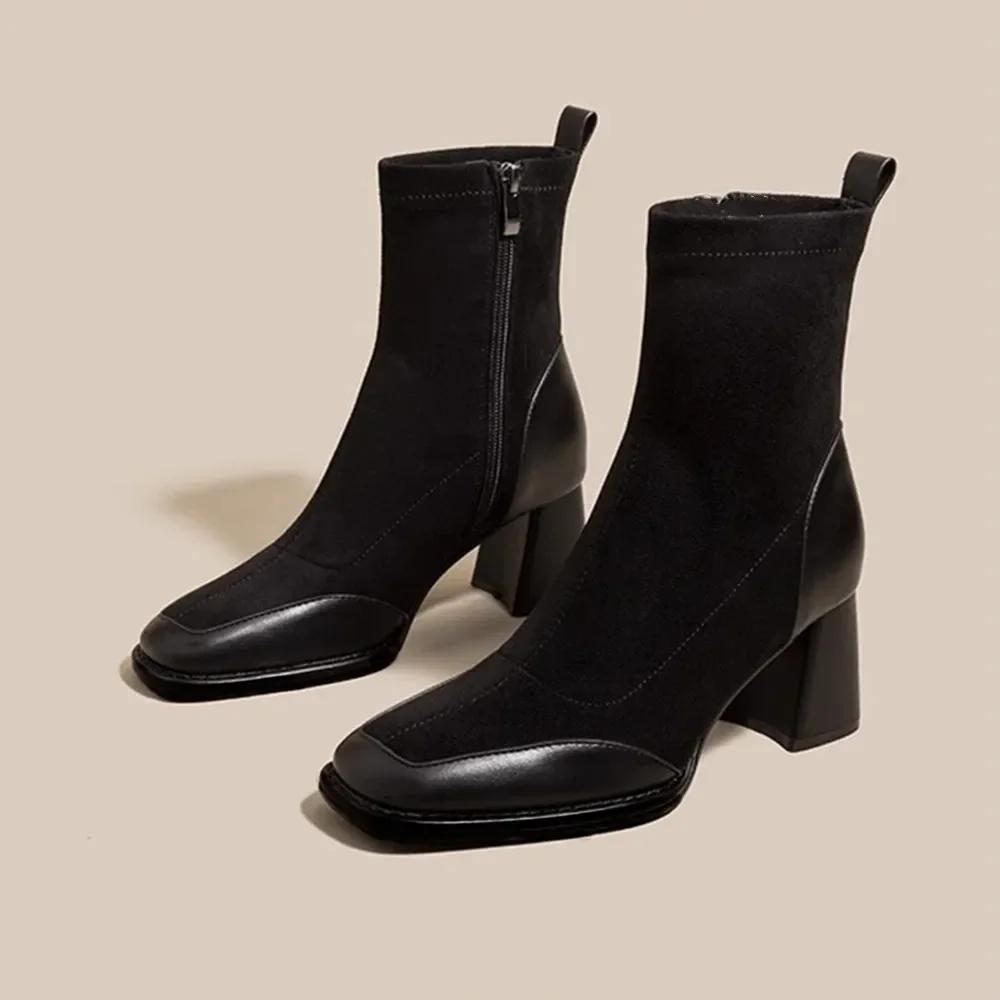 Thick High Heel Short Boots Autumn Winter New Square Headed Suede Ankle Boots For Women Black Brown Elastic Heeled Botines Mujer