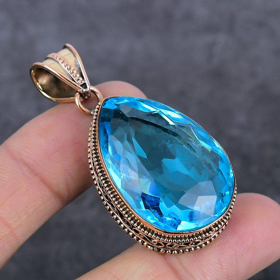 Natural Swiss Blue Topaz Gemstone Handmade Copper Jewelry Pendant 2.05" L2s14