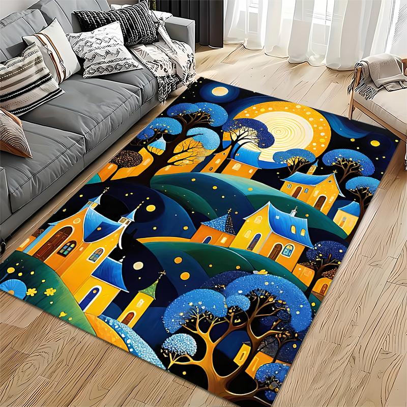 Whimsical Village Night Scene Carpet with Moonlit Landscape Design Suitable for Use As an Anti-slip for Living Room Bedroom Sofas