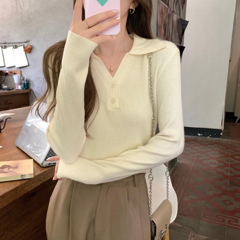 Casual Women Pullover Knit Sweater Lapel Long Sleeve Slim Fit Top Autumn Winter Solid Color Simple Sweaters Elegant Basic Clothing