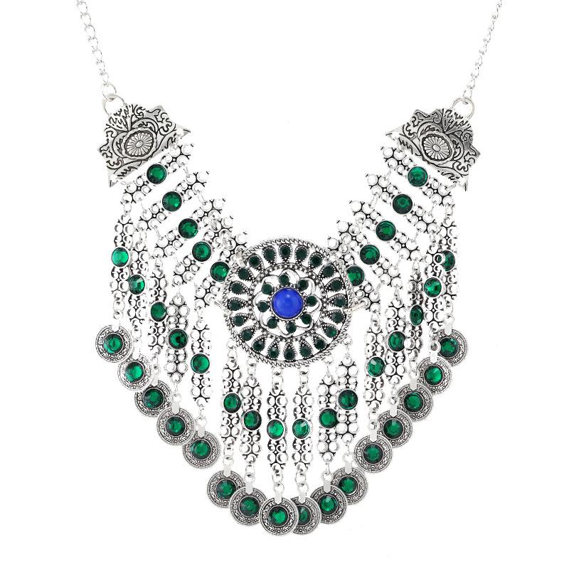 Vintage crystal coin collarbone chain necklace female personality exaggerated bohemian fringed temperament earrings set