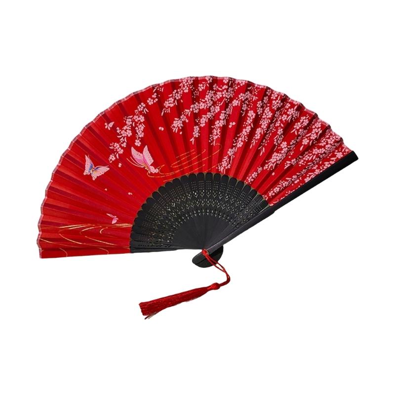 Éventail traditionnel chinois vintage avec pompons Éventail pliant portable Éventail de danse pour femmes Mariages Bals de fin d'études Photographie