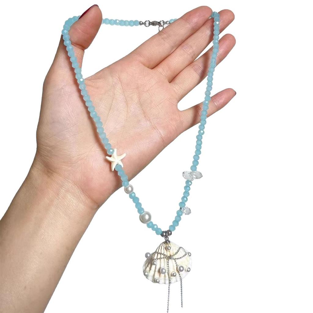 Midsummer Hot Beach, Seaside Vacation Wind Light Blue Beaded Necklace Women's Summer Niche High-end Clavicle Chain