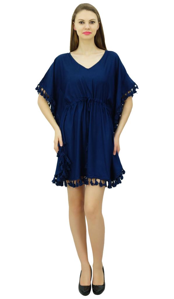 Bimba Women's V Neck Tassel Kaftan Short Rayon Caftan Designer Beachwear Coverup