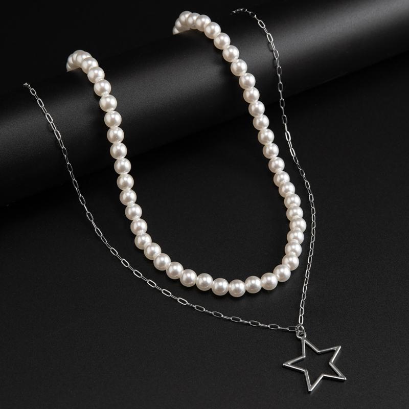 Bolt/Star Pendant Choker Layered Necklace Imitation Pearls Bead Neckchain for Women Girls Fashionable Jewelry Gift