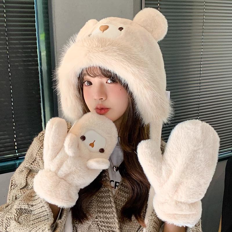 Women's Plush Bear Warm Plush Big Head Circumference Pullover Hat with Bear Ears Plush Hat