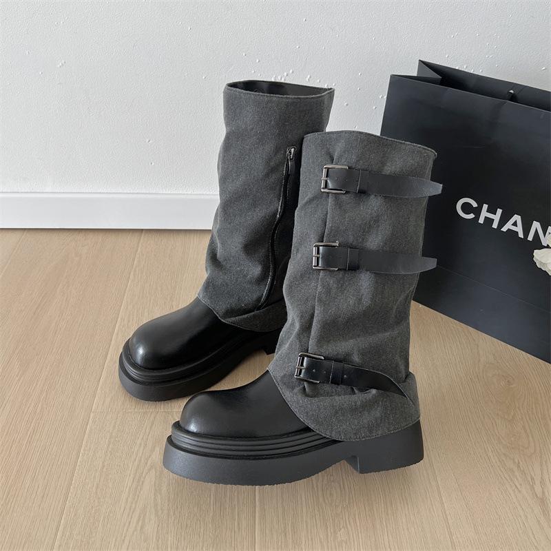 

Black fashion explosion, thin, small, thin medium-length boots, women s shoes 2025 new autumn thick-heeled trouser boots 35 чёрный