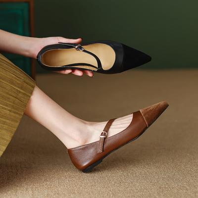 Spring New Genuine Leather Women Shoes Retro Pointed Toe Pumps Leather Flats Shoes Women Heels Women Flat Shoes