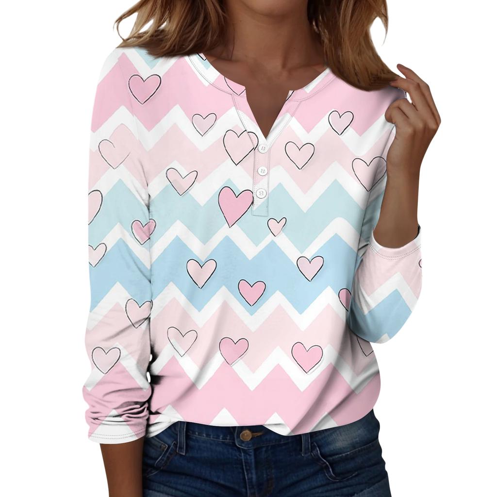 Damen T-Shirt mit Weihnachtsdruck, Knopfleiste, lange Ärmel, für den Alltag, Wochenende, modisch, Basic, V-Ausschnitt, normales Oberteil