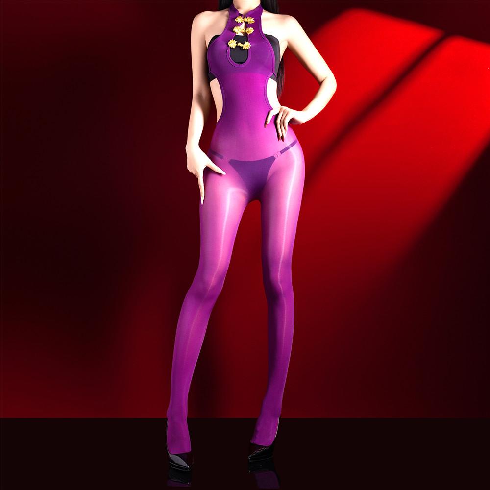 Fashion Women Backless Open Crotch Bodysuit Hollow Out Jumpsuit Oil Shiny Glossy Elastic Tight 5D 912 Pin Bandage Maid Leotard