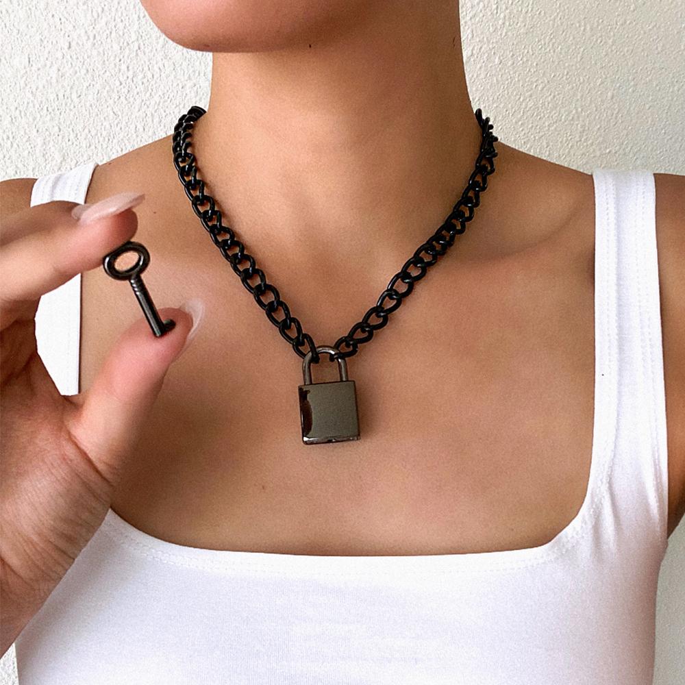 Punk Chain With Lock Necklace For Women Men Padlock Pendant Gothic Grunge Aesthetic Egirl Alternative Fashion Jewelry