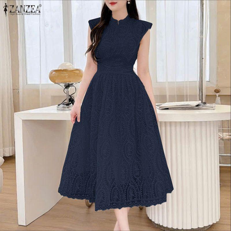 ZANZEA Women Stand Collar Summer Casual Short Sleeve Patchwork Lace Dress
