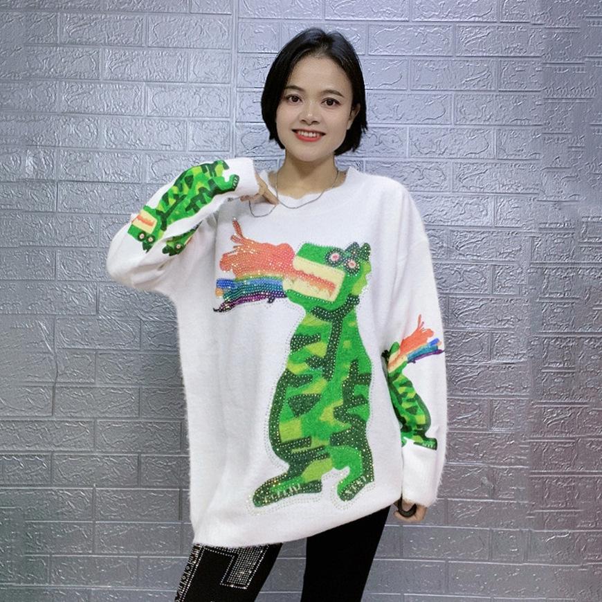 Plus Size Cartoon Rhinestone Knitwear - Cozy Korean Style Sweater for Women