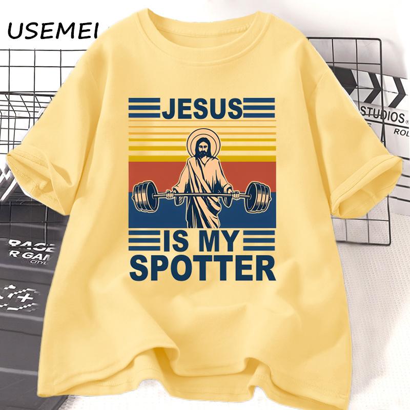 Fitness Jesus Is My Spotter T-shirt Men Casual Vintage Religious Faith Gym T Shirt Christian Funny Faith Tshirt Cotton Clothes