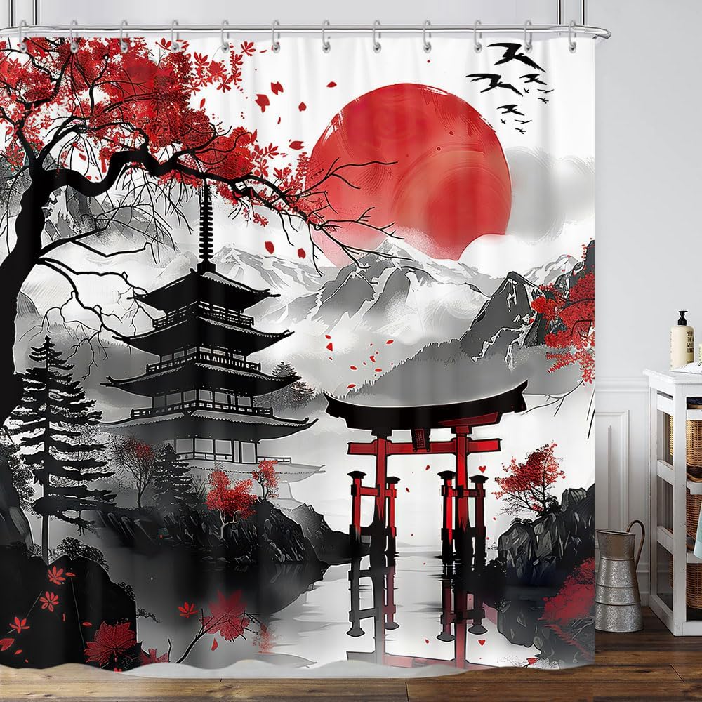 

Japanese Red And Black Forest Shower Curtain, Anime Mountain Tree Sun Aesthetic Shower Curtain Set, Cool Asian Dark Nature W60H190(CM)-1 Pcs