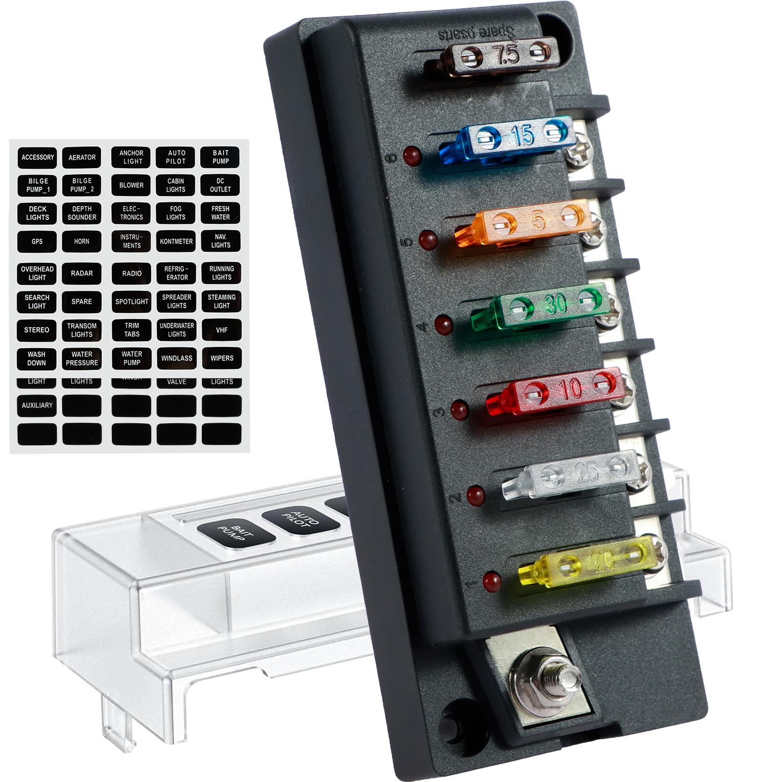 

12V fuse holder 4/6 circuit with LED indicator light and waterproof cover blade fuse box suitable for cars RVs trucks ships