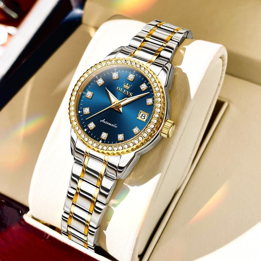 OLEVS Ladies Automatic Mechanical Watch Waterproof Luminous Diamond Sparkling Blue Wristwatch with Date