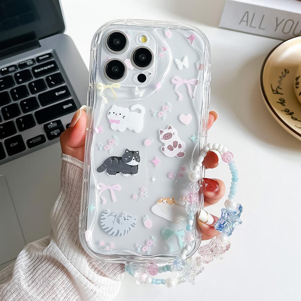 Wrist Chain Phone Case For iPhone 15 14 13 12 11 Pro Max 6 7 8 Plus XS Max XR Cute Cat Star Bead Bracelet Strap Lanyard Cover