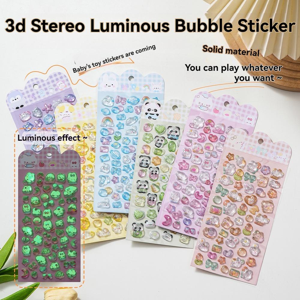 

6pcs 3D Luminous Embossed Gemstone Stickers Cute Animal for Scrapbooking Material Aesthetic Craft Supplies Water Bottle Phone