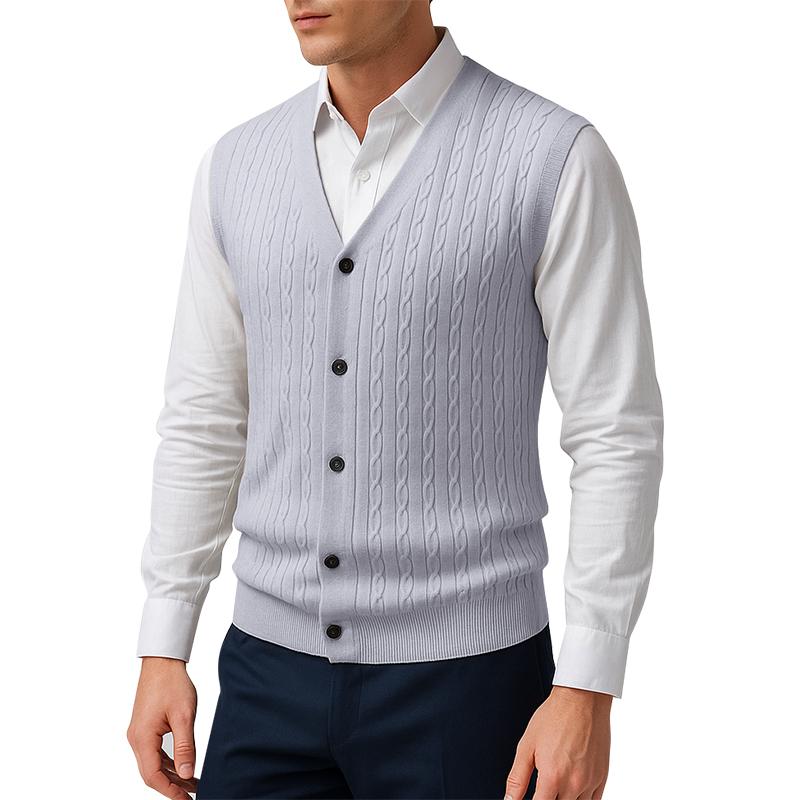 

Осенний мужской жилет-свитер с кабельным узором, V-образный вырез, на пуговицах, без рукавов, кардиган, жилет, уличная одежда, легкий, для бизнеса, для улицы M серый