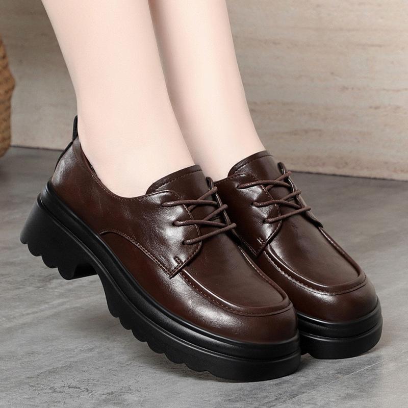 

Coarse heel women s shoes British style small leather shoes women s spring and autumn lace-up loafers versatile round head platform single shoes 41