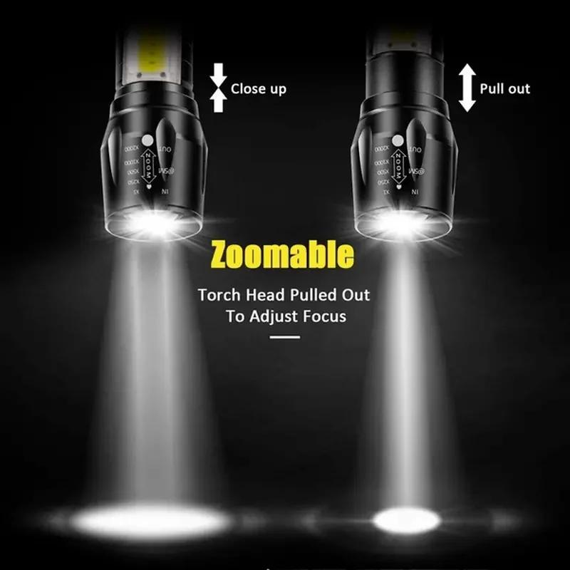Rechargeable High Power LED Flashlight Portable Lantern Strong Zoomable Torch COB Side Light Searchlight Outdoor Camping Lantern