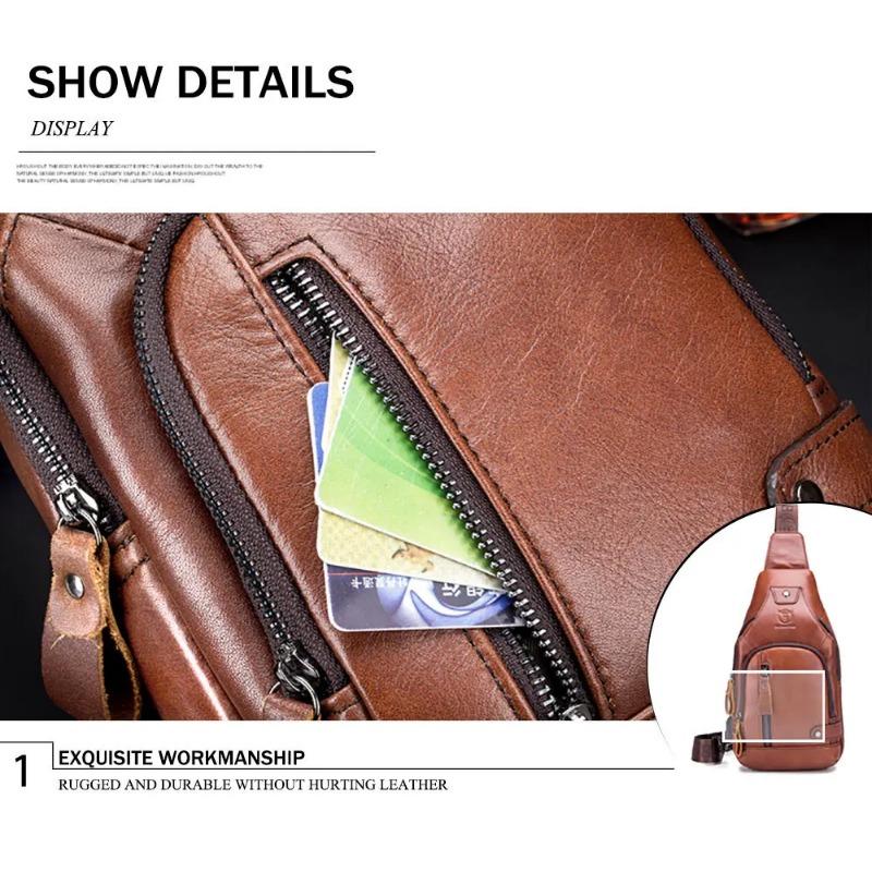 2024 New 100% Cowhide Leather Casual Fashion Crossbody Chest Bag Men's Leather Bag USB Charging Travel Shoulder Bag Daypack Male