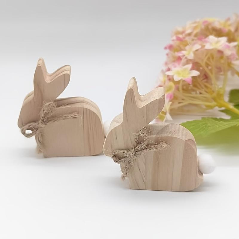 12pcs/6pcs Easter Rabbit Ornaments Home Crafts Rabbit Decorative Ornaments Cute Wooden 3D Rabbit with Bow and Tail