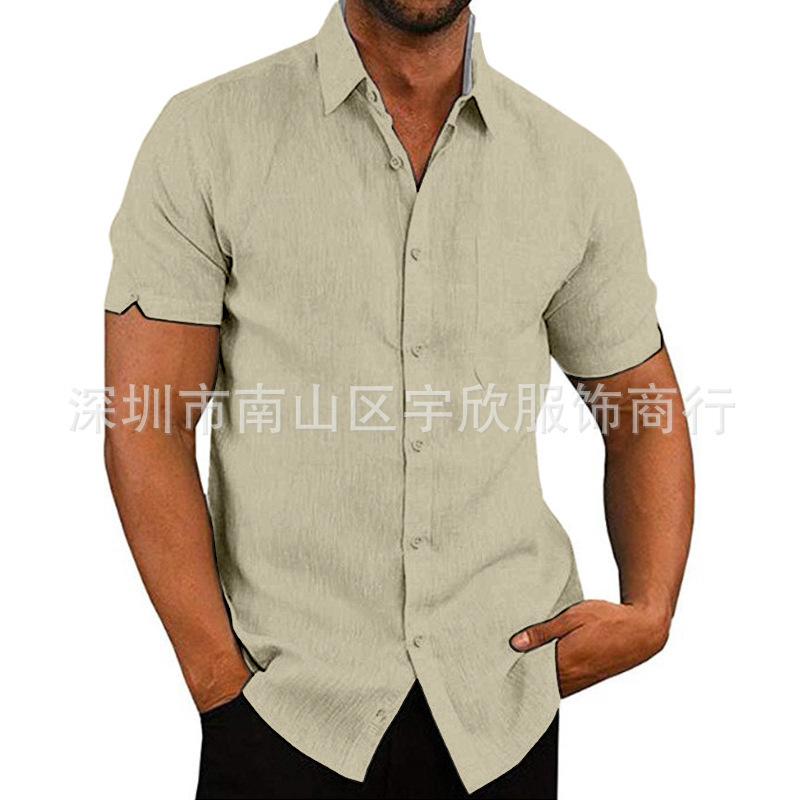 

Summer lapel button-down men s solid color short-sleeved linen shirt 4XL