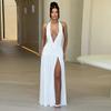European and American style summer new women's clothing temperament neck V-neck long dress sexy split pleated backless dress