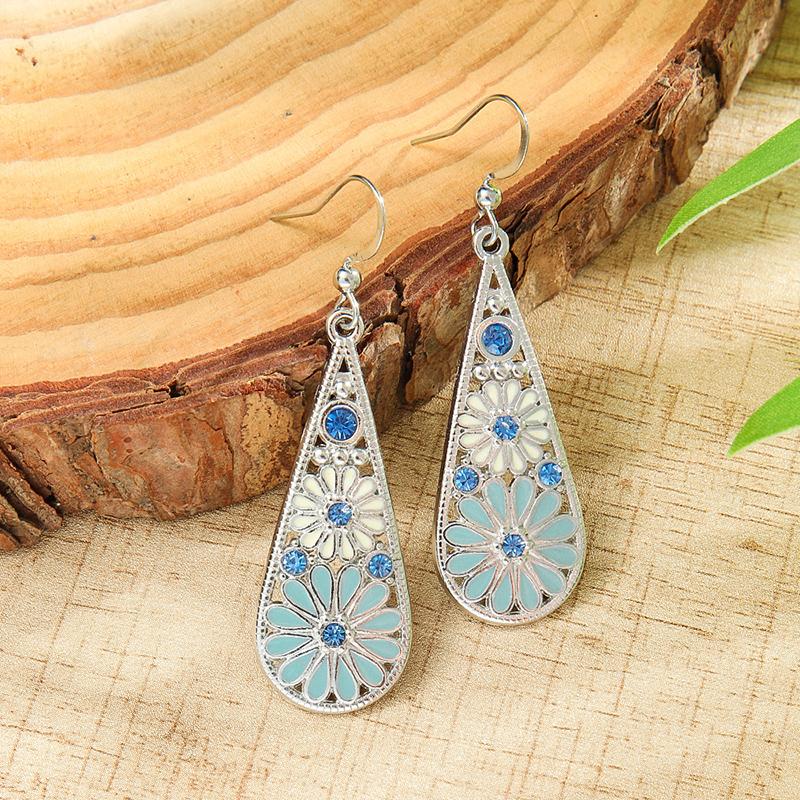 Fashion Ethnic Boho Enamel Flower Long Drop Dangle Earrings For Women Rhinestone Geometric Waterdrop Vintage Wedding Zircon