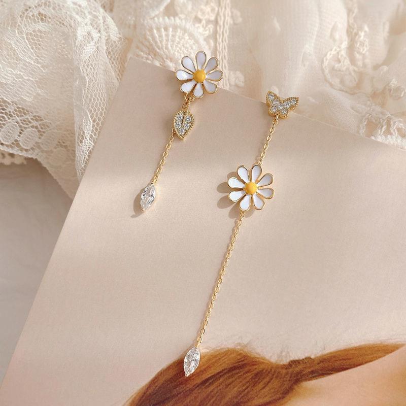 New Fashion Asymmetric Tassel Flower Earrings For Women Korean Style White Daisy Rhinestone Earring Party Jewelry Gift