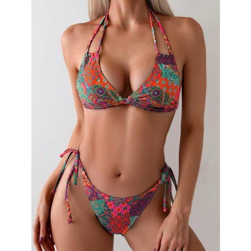 New European and American Split Swimsuit Women's Print Sexy Double Lace-up Halter Bikini Swimsuit Bikini
