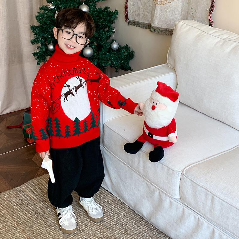2025 Winter Kinder Roter Rollkragenpullover - Trendiger Weihnachtsstil für Jungen und Mädchen