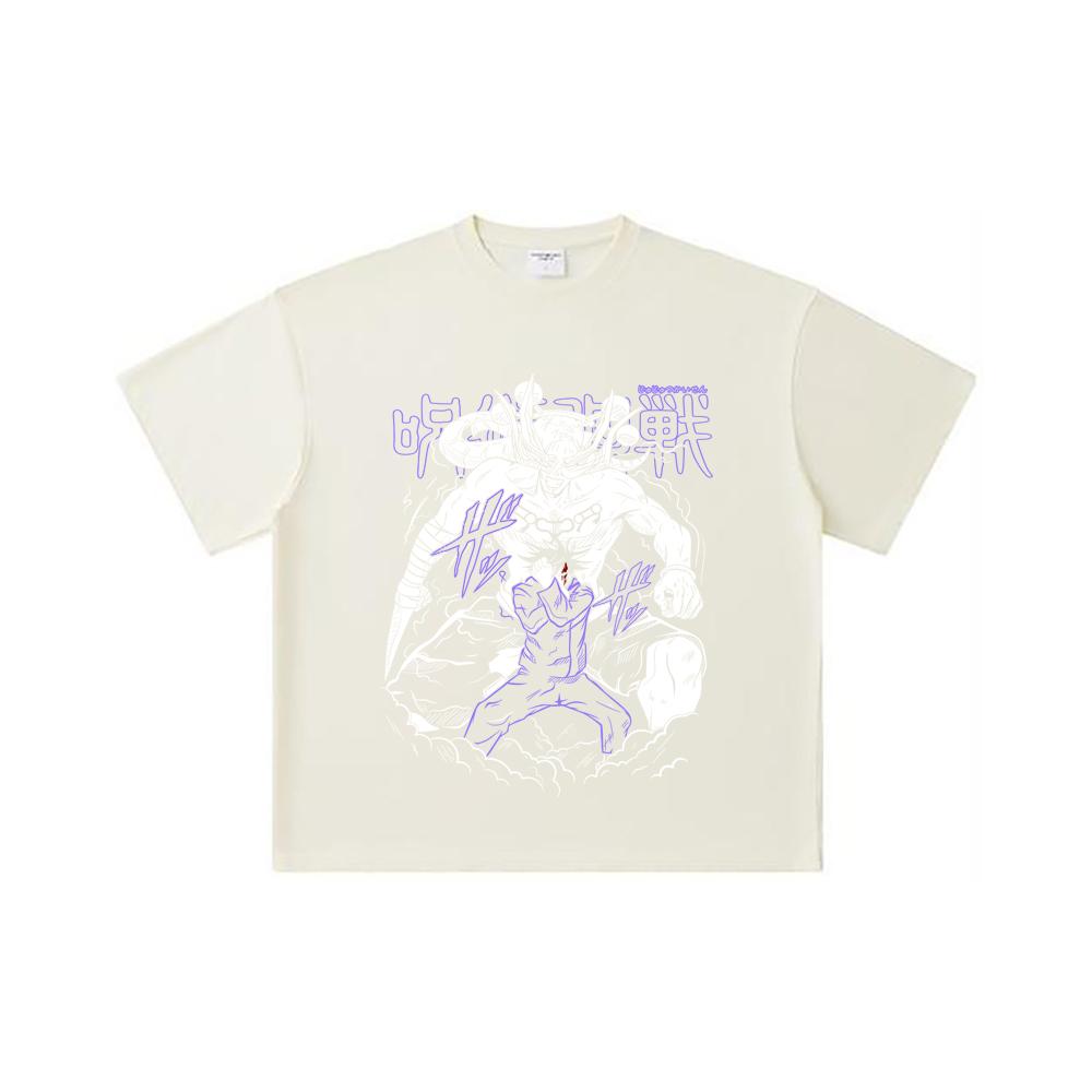 260 GSM Doppelgarn 32er Zählart 100% Baumwolle Jujutsu Kaisen V35 Mahoraga Druck Unisex Schweres Baumwoll-T-Shirt