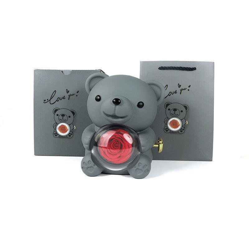 Teddy Bear Everlasting Flower Gift Box with Ring and Necklace