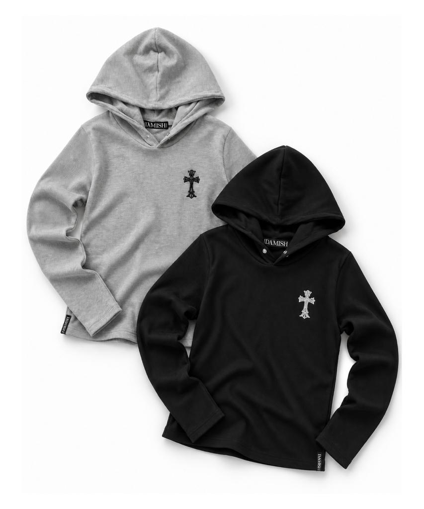 DAMISH Cross Embroidered Ribbed Hoodie_Black
