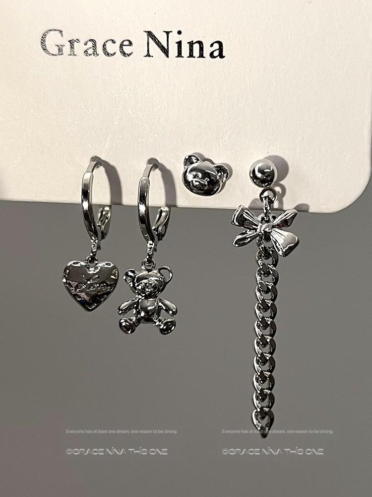 Dark Style Japanese & Korean Heart Stud Earrings & Ear Cuffs Set - Chic, Sweet, Trendy Six-Piece Jewelry for Cool, Spicy Girls
