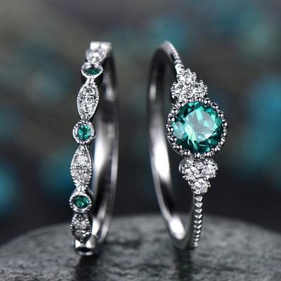 2 PCs Silver-Color Vintage Blue Zircon Ring For Women  Classic Wedding Purple Pattern Ring Jewelry Set Gift